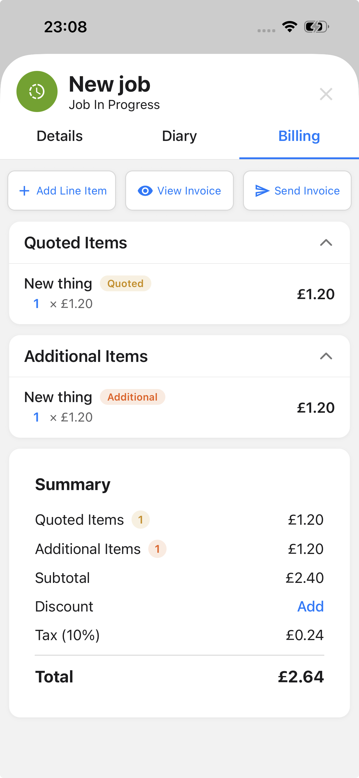Invoice and quote screenshot